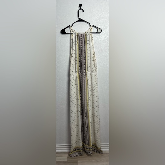 C Women’s Cream Brown Yellow Halter Maxi Sundress Resort Wear Sz L Sleeveless - Picture 4 of 9